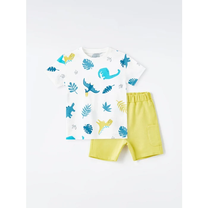LCW Kids Ekru Bisiklet Yaka Kısa Kollu Baskılı Erkek Bebek Tişört ve Şort 2li Takım