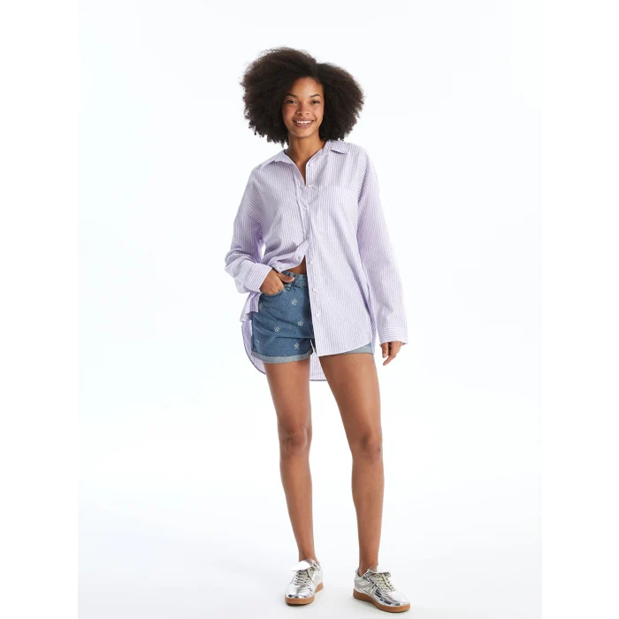 XSIDE Lila Çizgili Uzun Kollu Oversize Keten Karışımlı Kadın Gömlek