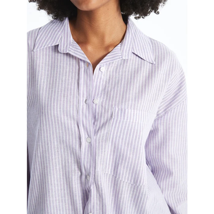 XSIDE Lila Çizgili Uzun Kollu Oversize Keten Karışımlı Kadın Gömlek