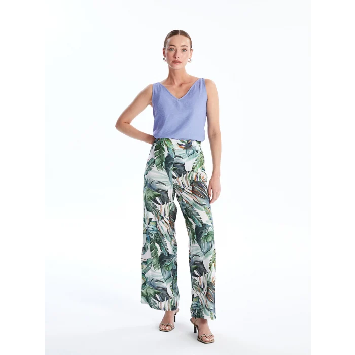 LCWAIKIKI Classic Beyaz Beli Lastikli Rahat Kalıp Desenli Kadın Pantolon