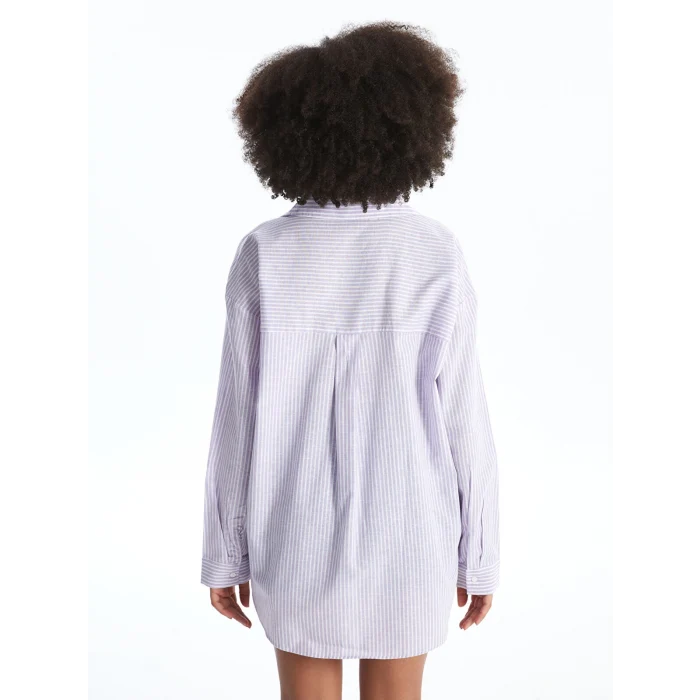 XSIDE Lila Çizgili Uzun Kollu Oversize Keten Karışımlı Kadın Gömlek
