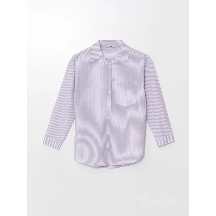 XSIDE Lila Çizgili Uzun Kollu Oversize Keten Karışımlı Kadın Gömlek