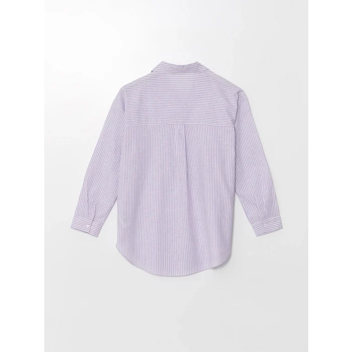 XSIDE Lila Çizgili Uzun Kollu Oversize Keten Karışımlı Kadın Gömlek