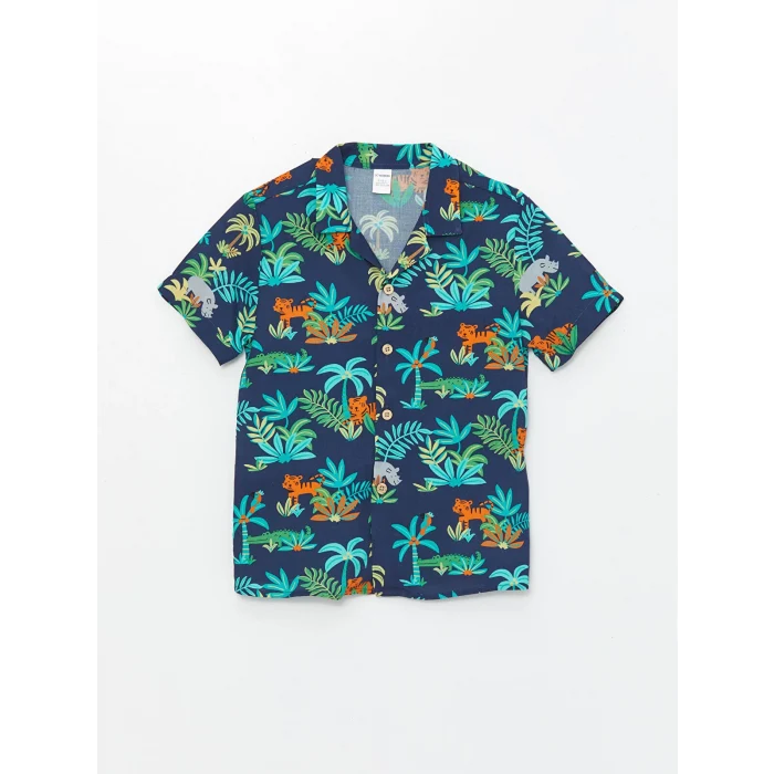 LCW Kids Lacivert Resort Yaka Kısa Kollu Baskılı Erkek Bebek Gömlek