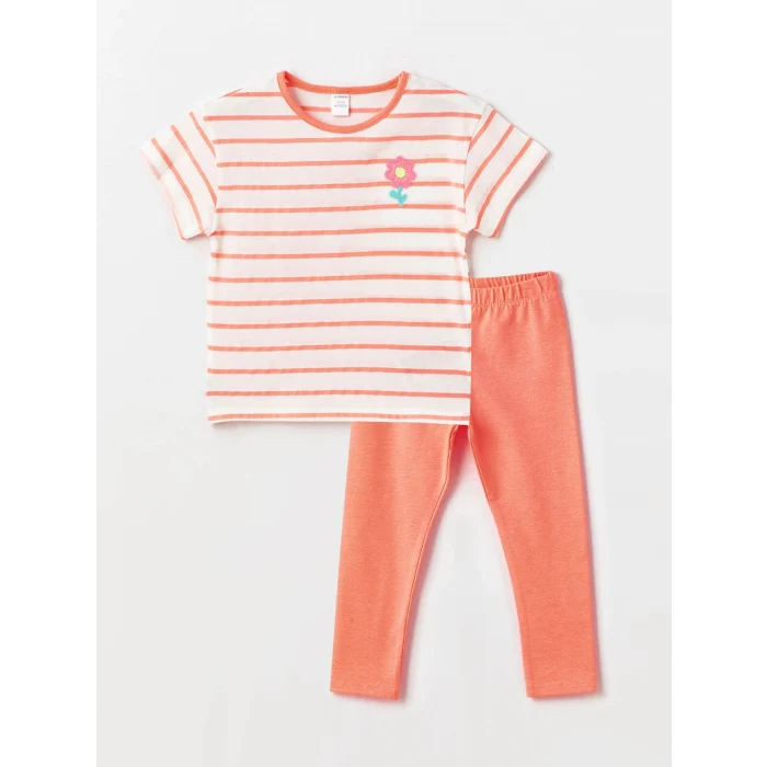 LCW Kids Karişik Bisiklet Yaka Kısa Kollu Çizgili Kız Bebek Tişört ve Tayt 2li Takım
