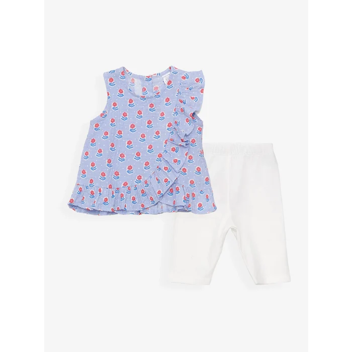 LCW baby Mavi Bisiklet Yaka Kolsuz Baskılı Kız Bebek Bluz ve Pantolon 2li Takım