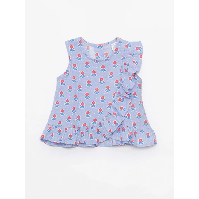 LCW baby Mavi Bisiklet Yaka Kolsuz Baskılı Kız Bebek Bluz ve Pantolon 2li Takım