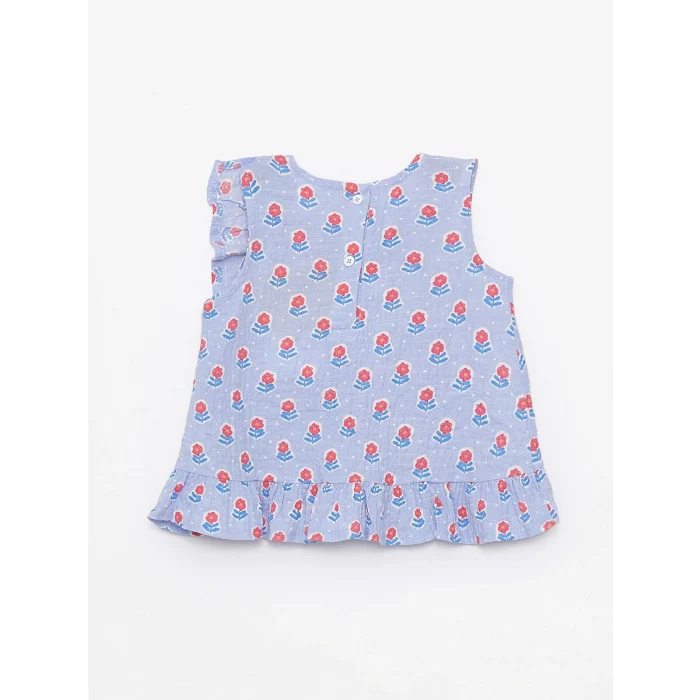 LCW baby Mavi Bisiklet Yaka Kolsuz Baskılı Kız Bebek Bluz ve Pantolon 2li Takım