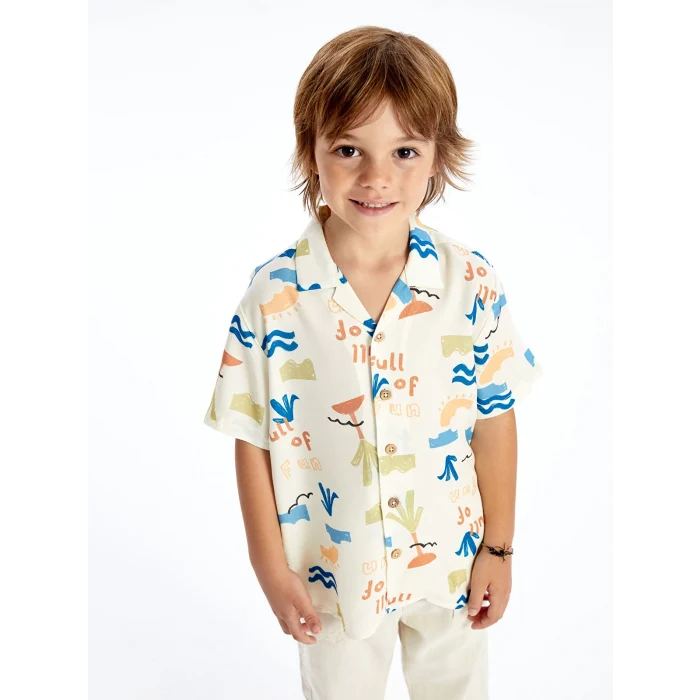 LCW Kids Bej Kısa Kollu Baskılı Erkek Bebek Gömlek