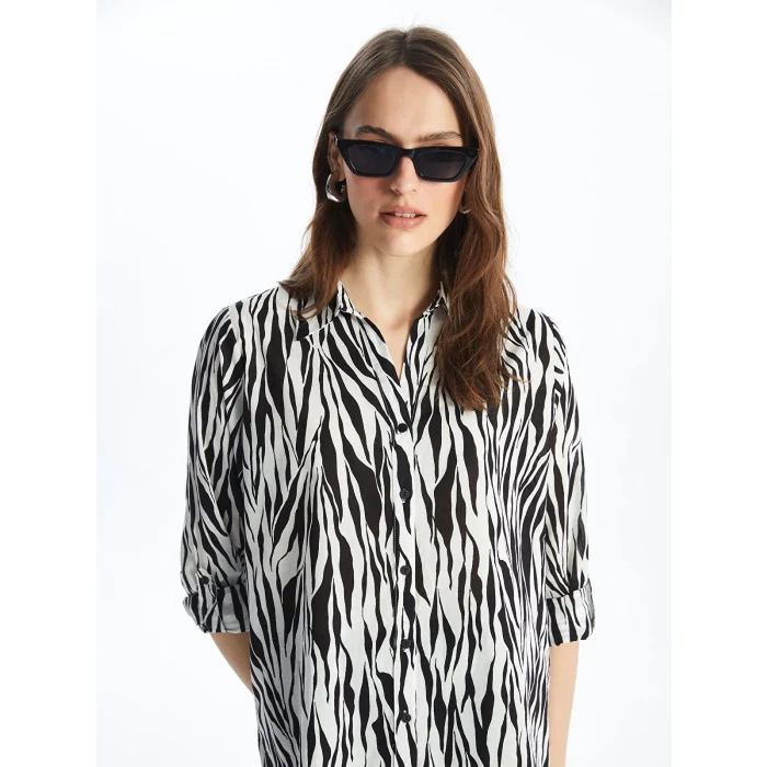 LCWAIKIKI Classic Siyah Desenli Uzun Kollu Poplin Kadın Gömlek