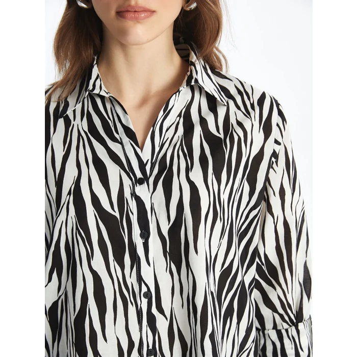 LCWAIKIKI Classic Siyah Desenli Uzun Kollu Poplin Kadın Gömlek