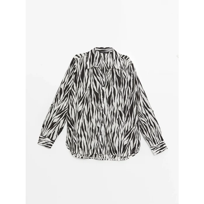 LCWAIKIKI Classic Siyah Desenli Uzun Kollu Poplin Kadın Gömlek