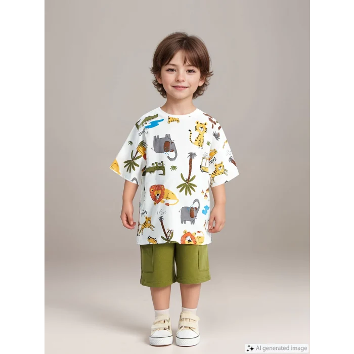 LCW Kids Ekru Bisiklet Yaka Baskılı Erkek Bebek Tişört ve Şort 2li Takım