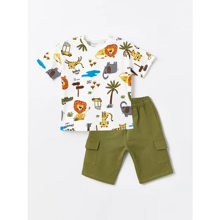 LCW Kids Ekru Bisiklet Yaka Baskılı Erkek Bebek Tişört ve Şort 2li Takım