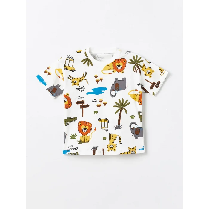 LCW Kids Ekru Bisiklet Yaka Baskılı Erkek Bebek Tişört ve Şort 2li Takım