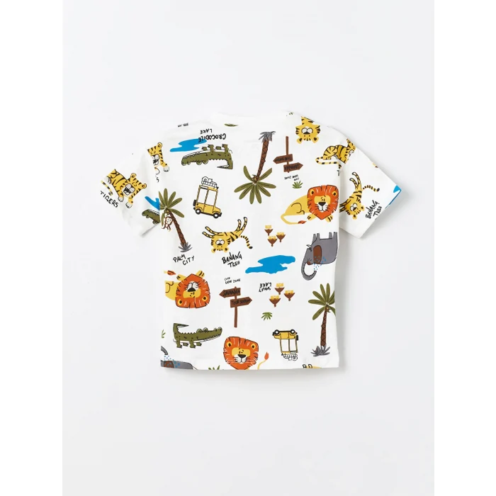 LCW Kids Ekru Bisiklet Yaka Baskılı Erkek Bebek Tişört ve Şort 2li Takım