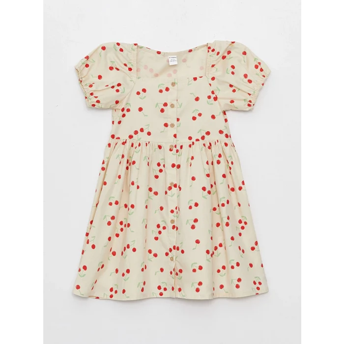 LCW Kids Ekru Kare Yaka Desenli Kız Bebek Elbise