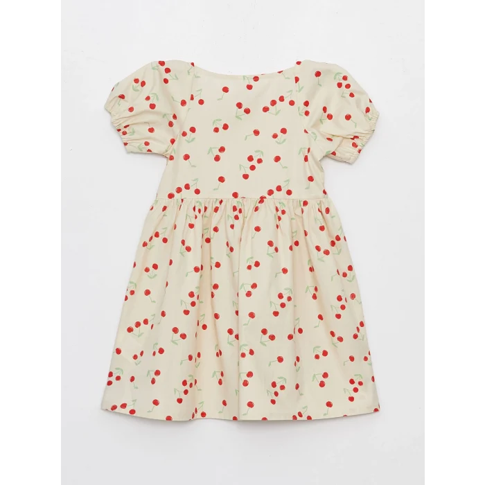 LCW Kids Ekru Kare Yaka Desenli Kız Bebek Elbise