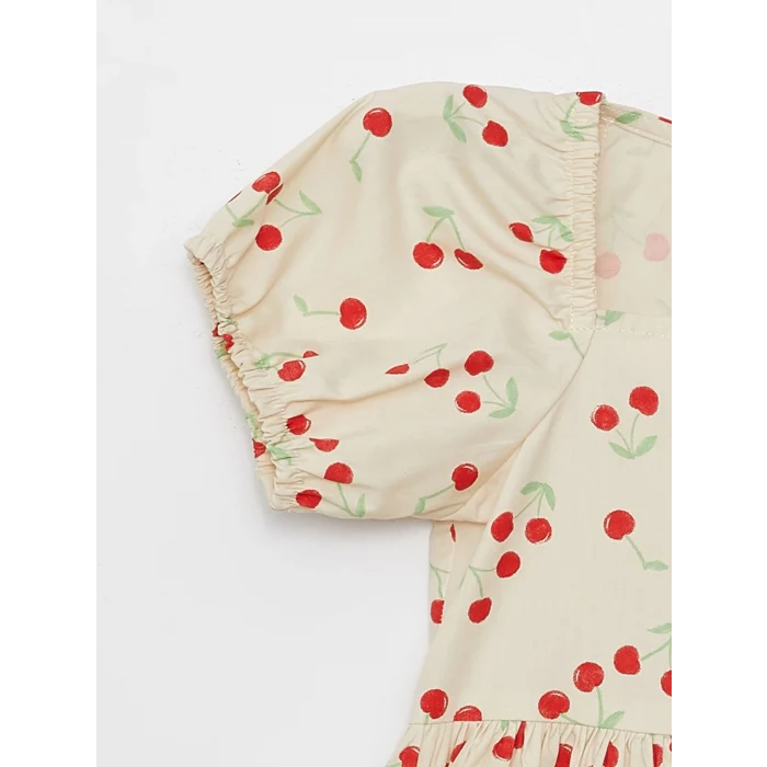 LCW Kids Ekru Kare Yaka Desenli Kız Bebek Elbise