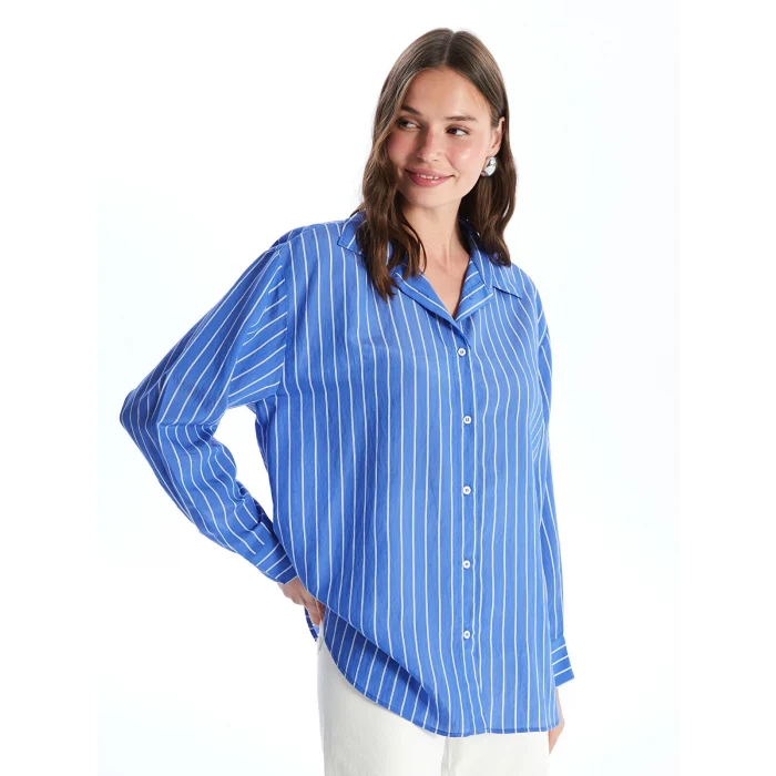 LCW Vision Mavi Çizgili Uzun Kollu Oversize Kadın Gömlek