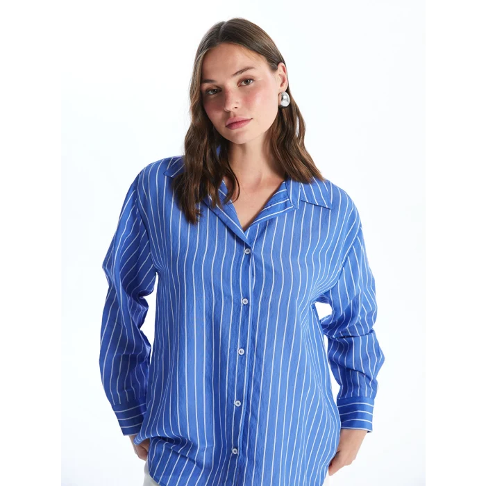LCW Vision Mavi Çizgili Uzun Kollu Oversize Kadın Gömlek
