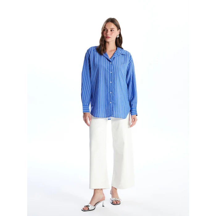 LCW Vision Mavi Çizgili Uzun Kollu Oversize Kadın Gömlek