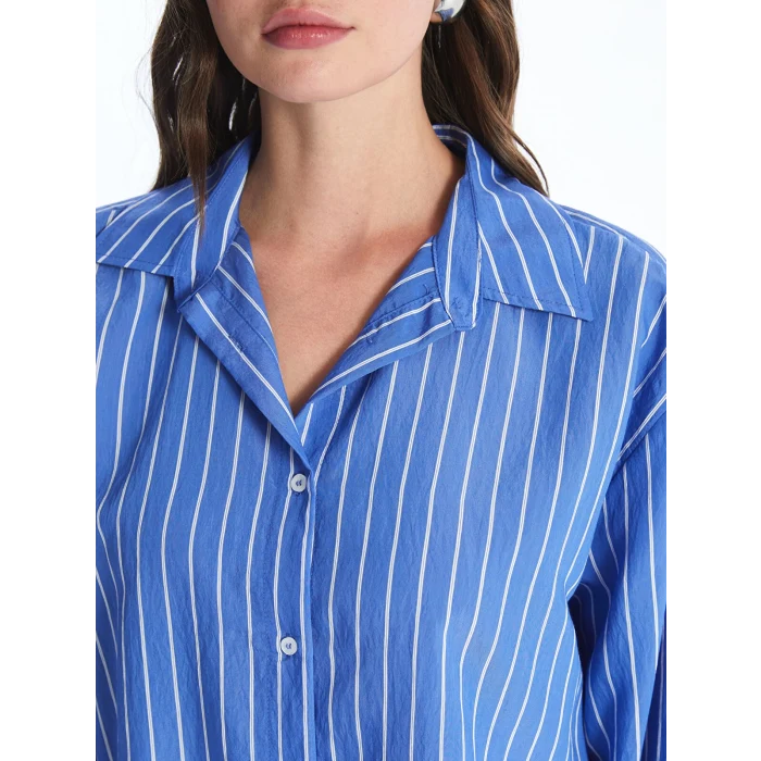 LCW Vision Mavi Çizgili Uzun Kollu Oversize Kadın Gömlek