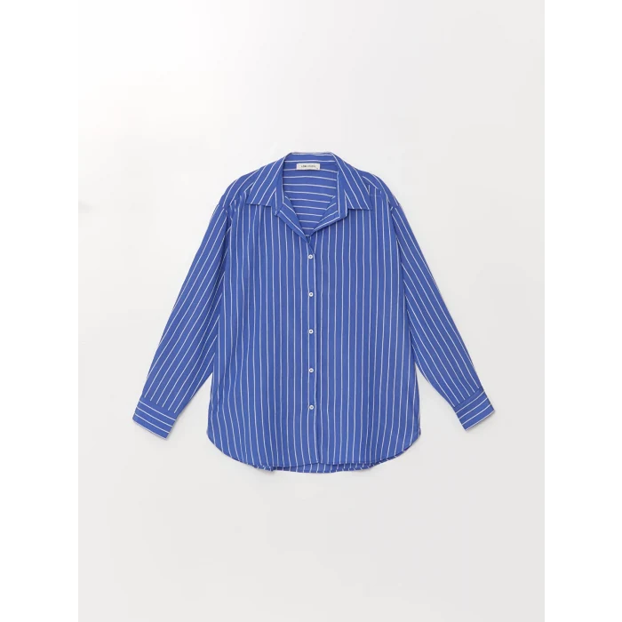 LCW Vision Mavi Çizgili Uzun Kollu Oversize Kadın Gömlek