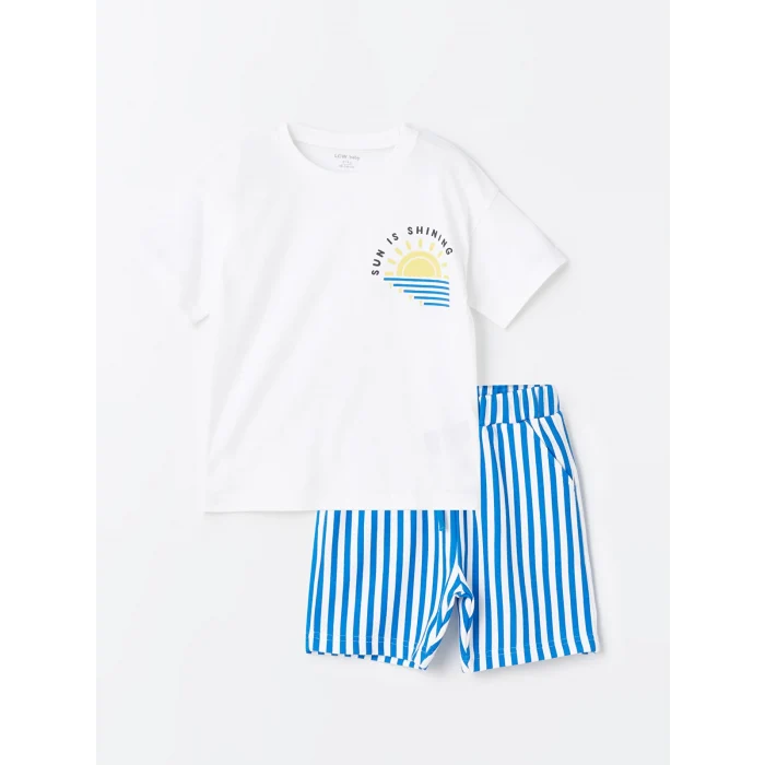LCW Kids Beyaz Bisiklet Yaka Kısa Kollu Baskılı Erkek Bebek Tişört ve Şort 2li Takım