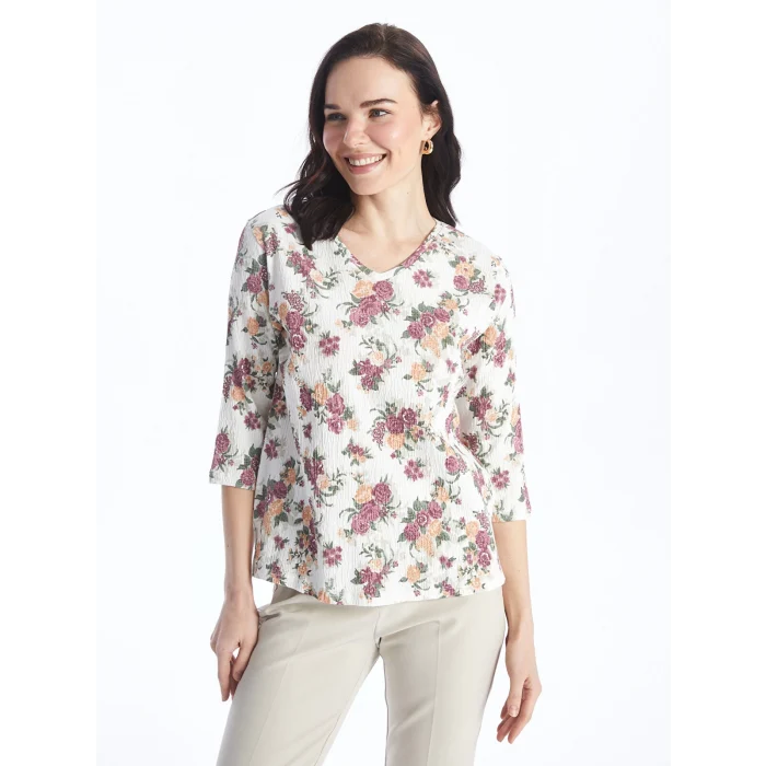 LCW Grace Beyaz V Yaka Çiçekli Kadın Bluz