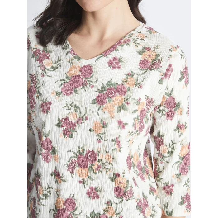 LCW Grace Beyaz V Yaka Çiçekli Kadın Bluz