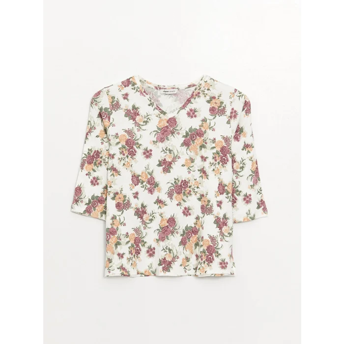 LCW Grace Beyaz V Yaka Çiçekli Kadın Bluz