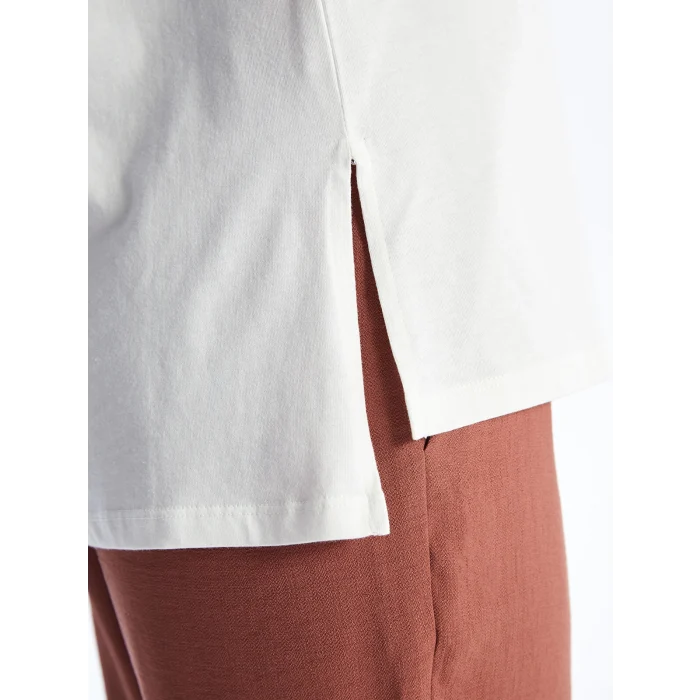 LCWAIKIKI Basic Ekru Bisiklet Yaka Taşlı Kısa Kollu Kadın Tişört