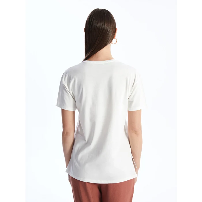 LCWAIKIKI Basic Ekru Bisiklet Yaka Taşlı Kısa Kollu Kadın Tişört