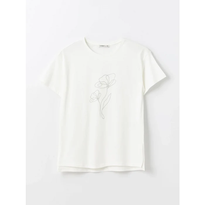 LCWAIKIKI Basic Ekru Bisiklet Yaka Taşlı Kısa Kollu Kadın Tişört