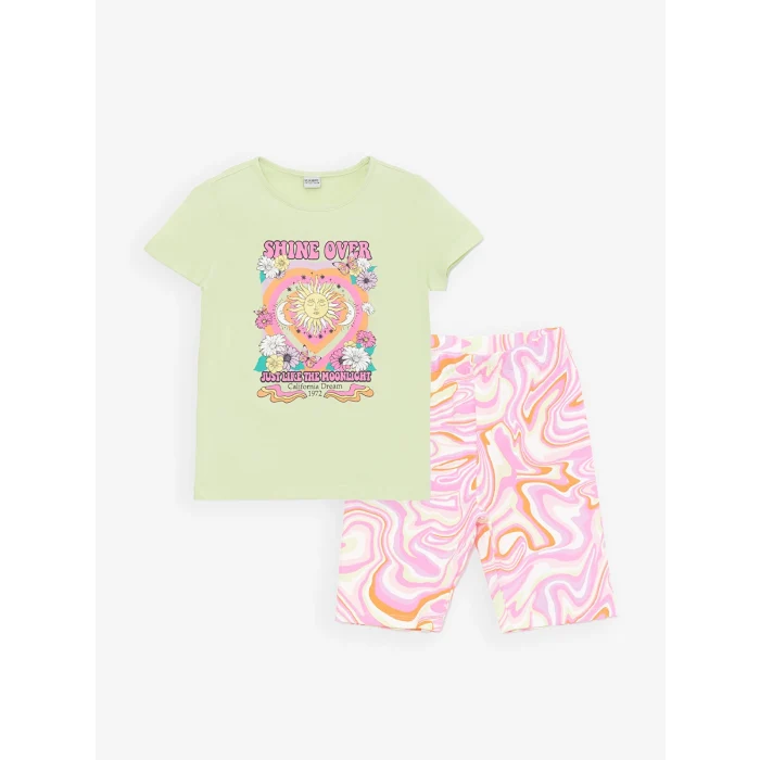 LCW Kids Yeşil Bisiklet Yaka Baskılı Kısa Kollu Kız Çocuk Tişört ve Tayt