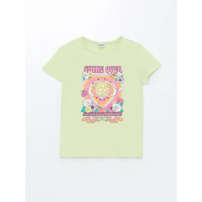 LCW Kids Yeşil Bisiklet Yaka Baskılı Kısa Kollu Kız Çocuk Tişört ve Tayt