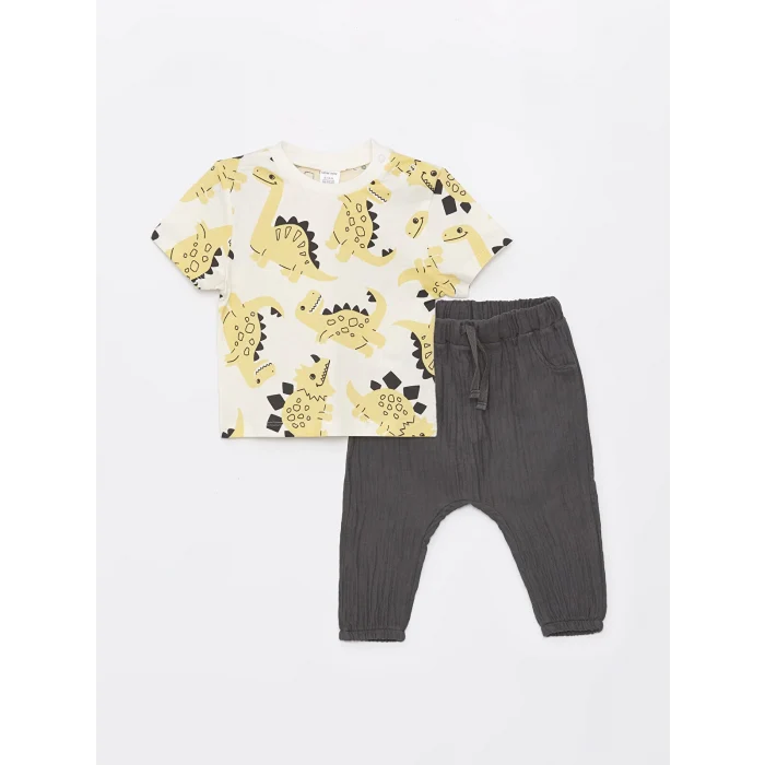 LCW baby Ekru Bisiklet Yaka Erkek Bebek Tişört ve Pantolon 2li Takım