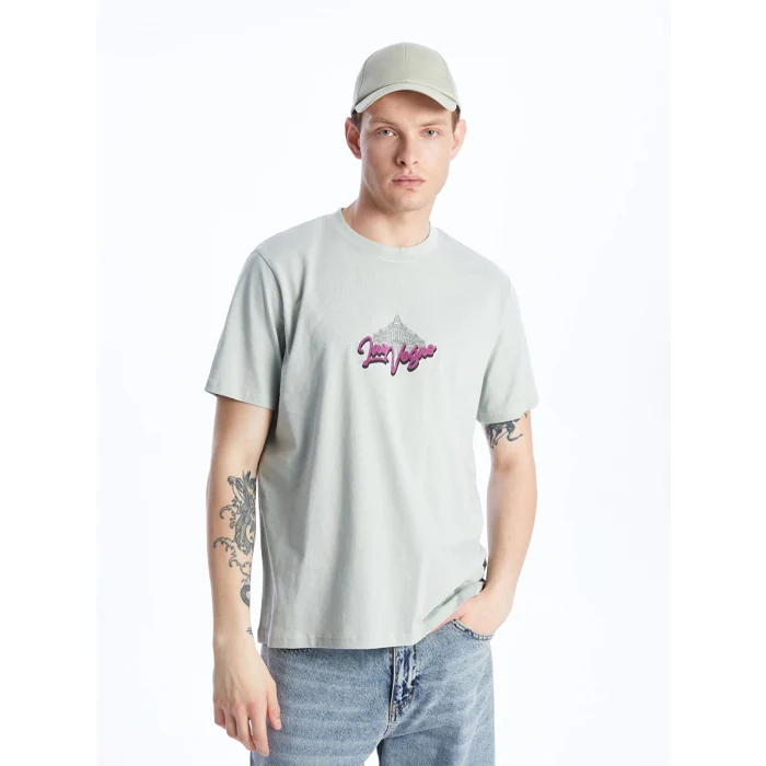 XSIDE Gri Bisiklet Yaka Kısa Kollu Baskılı Penye Erkek Tişört