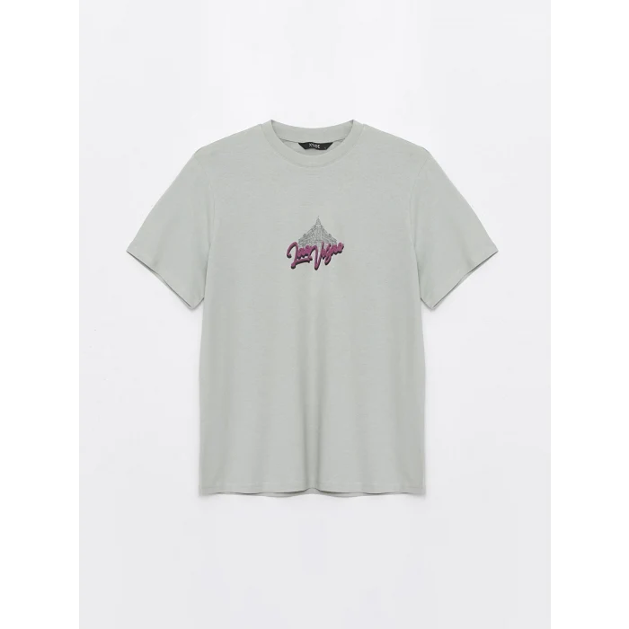 XSIDE Gri Bisiklet Yaka Kısa Kollu Baskılı Penye Erkek Tişört