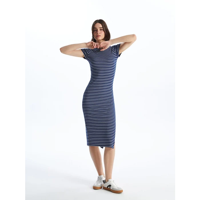 XSIDE Lacivert Bisiklet Yaka Çizgili Kısa Kollu Kadın Elbise