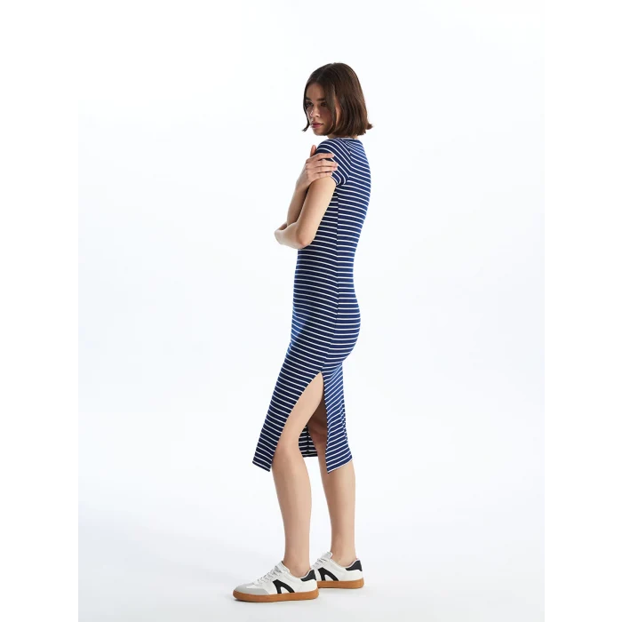 XSIDE Lacivert Bisiklet Yaka Çizgili Kısa Kollu Kadın Elbise