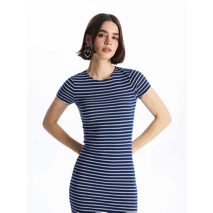 XSIDE Lacivert Bisiklet Yaka Çizgili Kısa Kollu Kadın Elbise