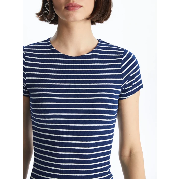 XSIDE Lacivert Bisiklet Yaka Çizgili Kısa Kollu Kadın Elbise