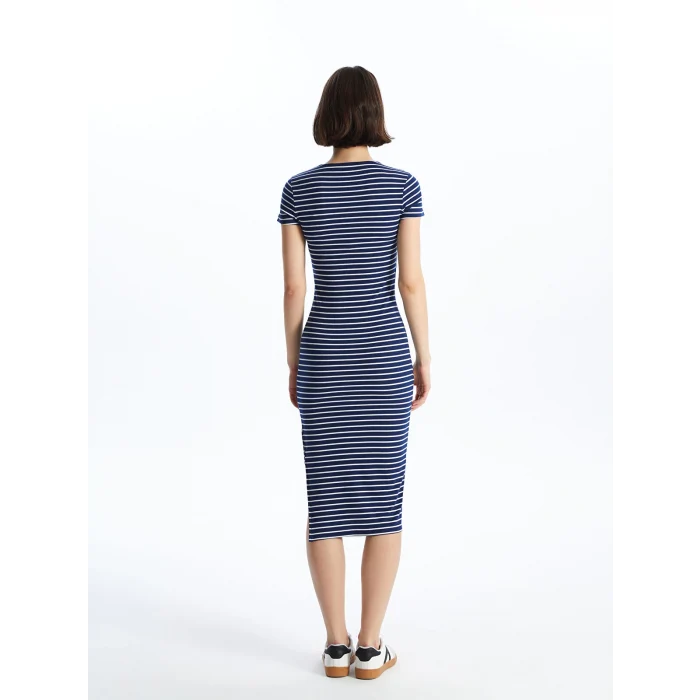 XSIDE Lacivert Bisiklet Yaka Çizgili Kısa Kollu Kadın Elbise