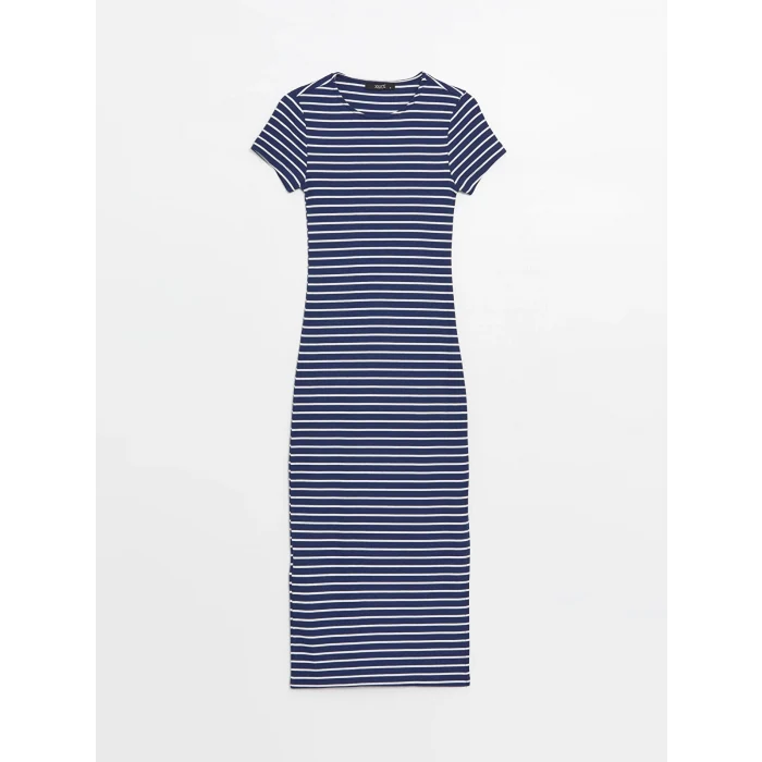 XSIDE Lacivert Bisiklet Yaka Çizgili Kısa Kollu Kadın Elbise
