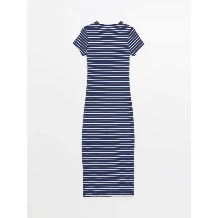XSIDE Lacivert Bisiklet Yaka Çizgili Kısa Kollu Kadın Elbise