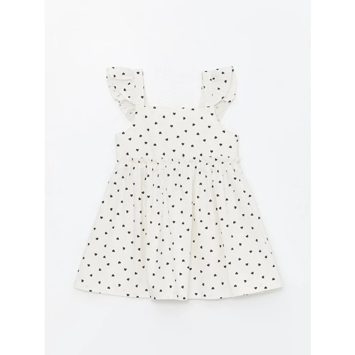 LCW Kids Ekru Kare Yaka Kolsuz Baskılı Kız Bebek Elbise
