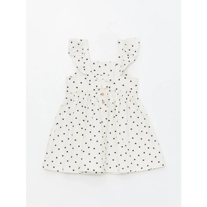 LCW Kids Ekru Kare Yaka Kolsuz Baskılı Kız Bebek Elbise