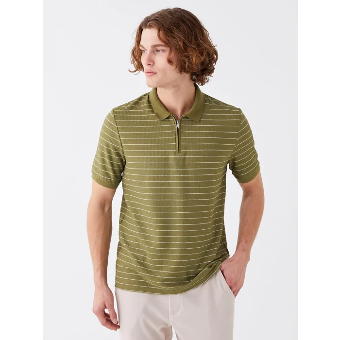LCW Vision Haki Polo Yaka Kısa Kollu Çizgili Erkek Tişört